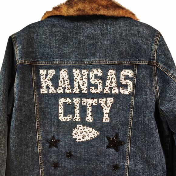 Vintage Marvin Richards Faux Fur Lined Jacket - KC Chiefs Leopard Back Design, L - Picture 2 of 7